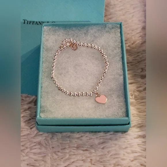 TIFFANY Pink Heart Tag Bead Bracelet in Silver, 4mm 💗 - Picture 6 of 15
